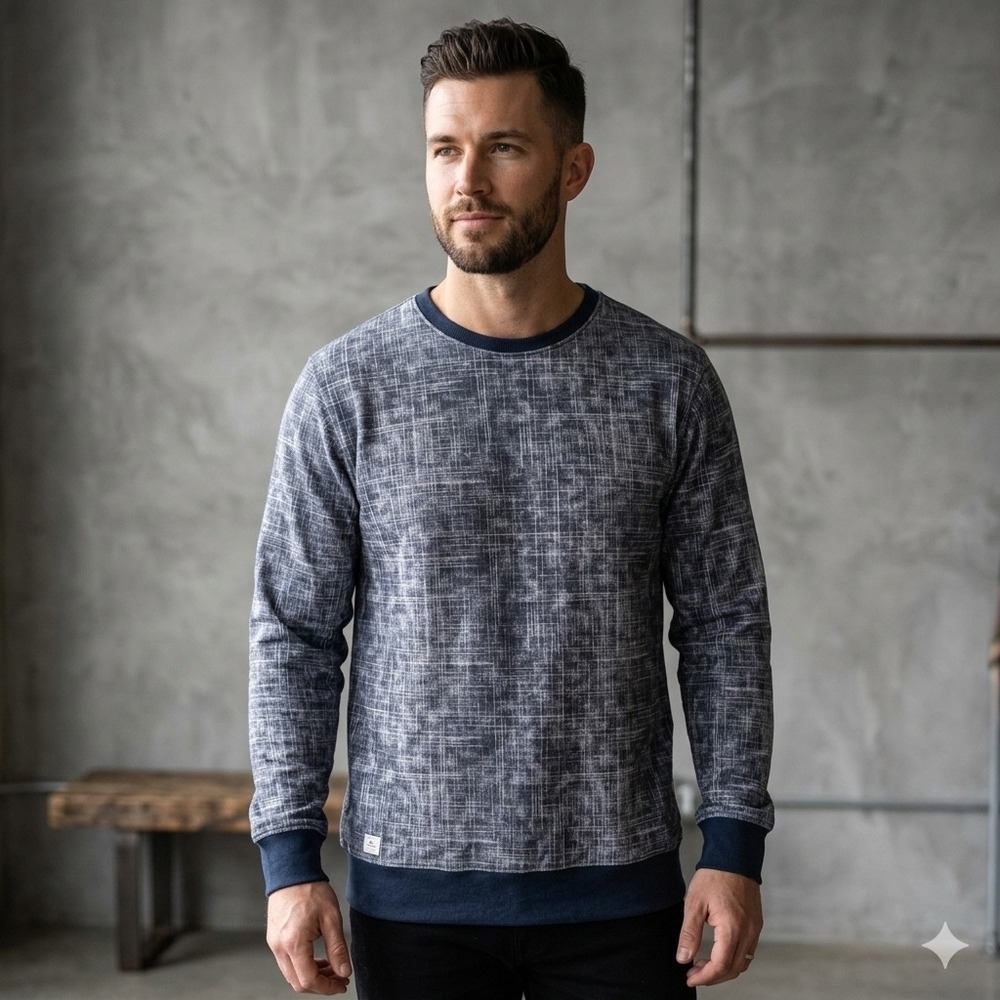 Zara Man Mens Size XXL Basic Denim Couture Sweatshirt Blue‎ Textured Crosshatch
